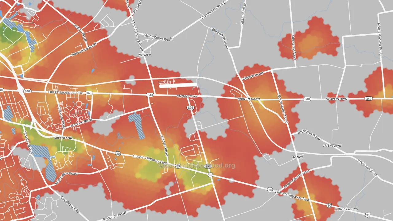 Walk Grade map of 17576, PA, walkable areas in green and car-dependent areas in red