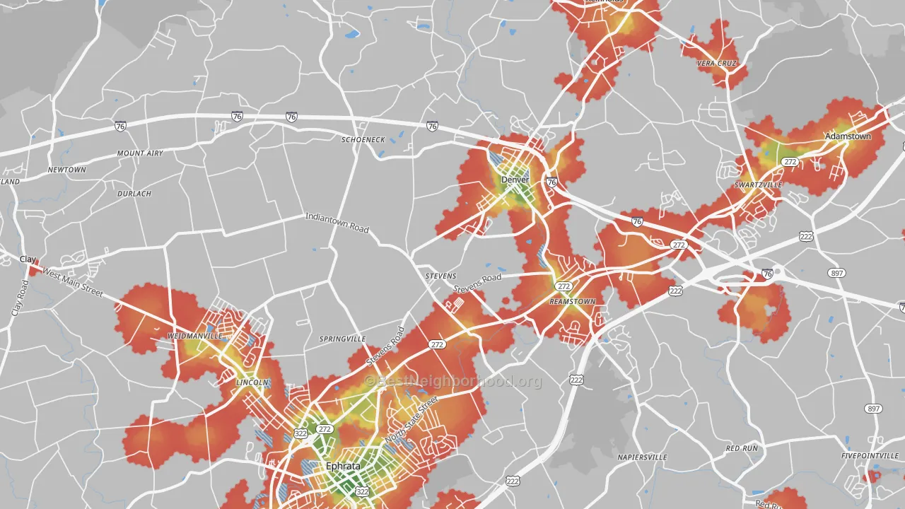 Walk Grade map of 17578, PA, walkable areas in green and car-dependent areas in red