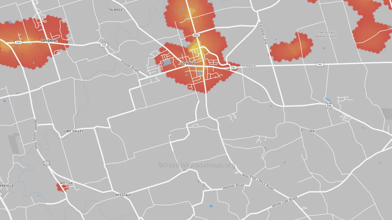 Walk Grade map of 17579, PA, walkable areas in green and car-dependent areas in red