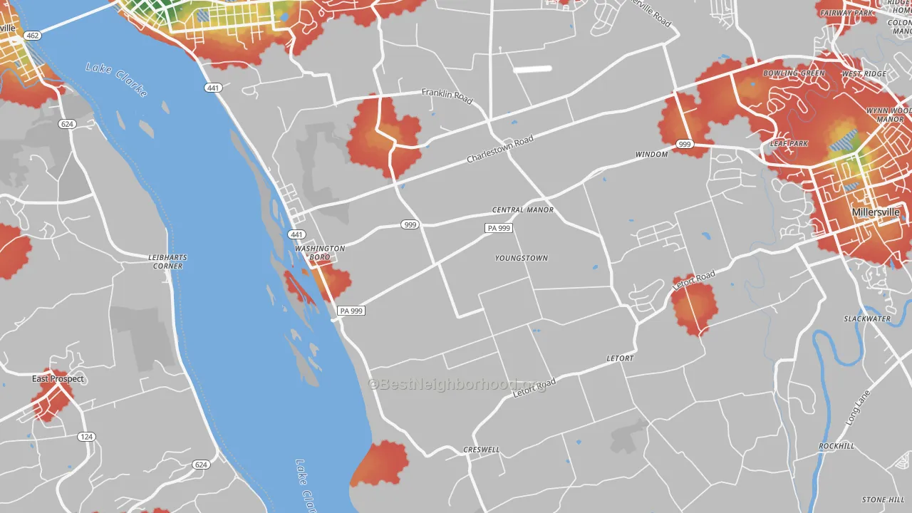 Walk Grade map of 17582, PA, walkable areas in green and car-dependent areas in red