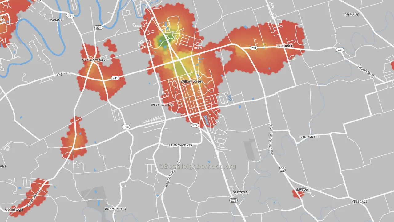 Walk Grade map of 17584, PA, walkable areas in green and car-dependent areas in red