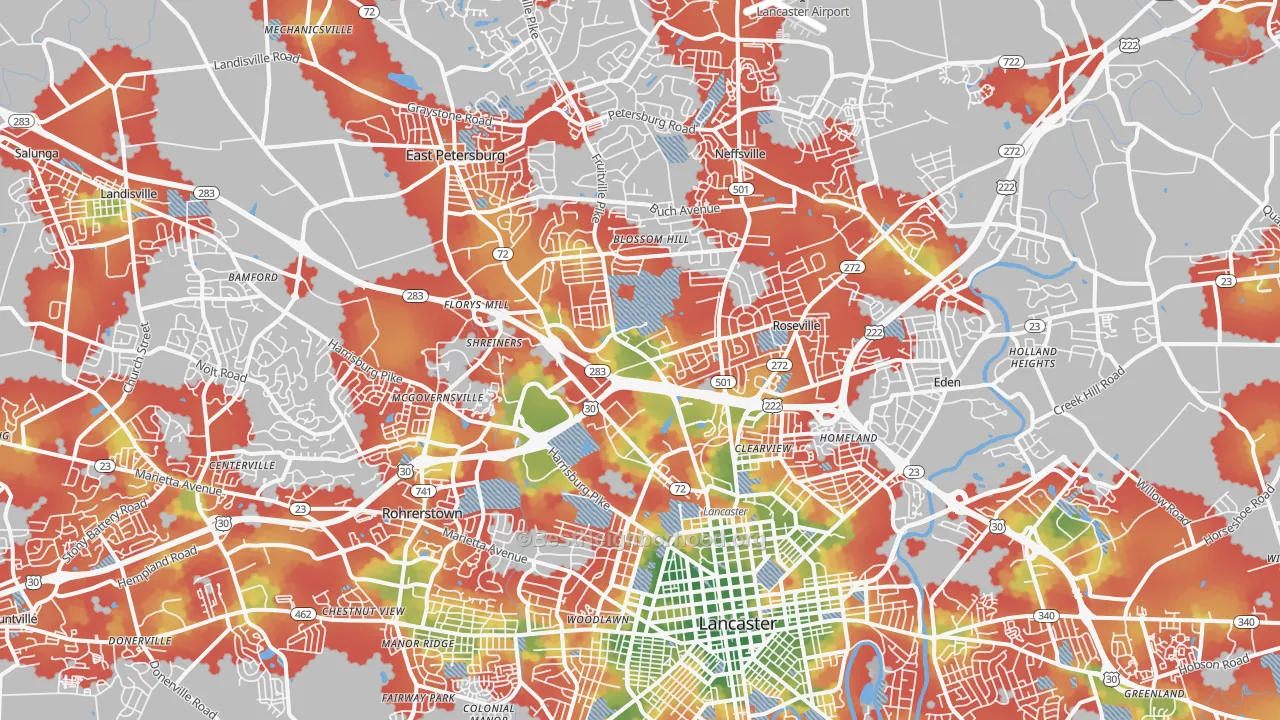 Walk Grade map of 17601, PA, walkable areas in green and car-dependent areas in red