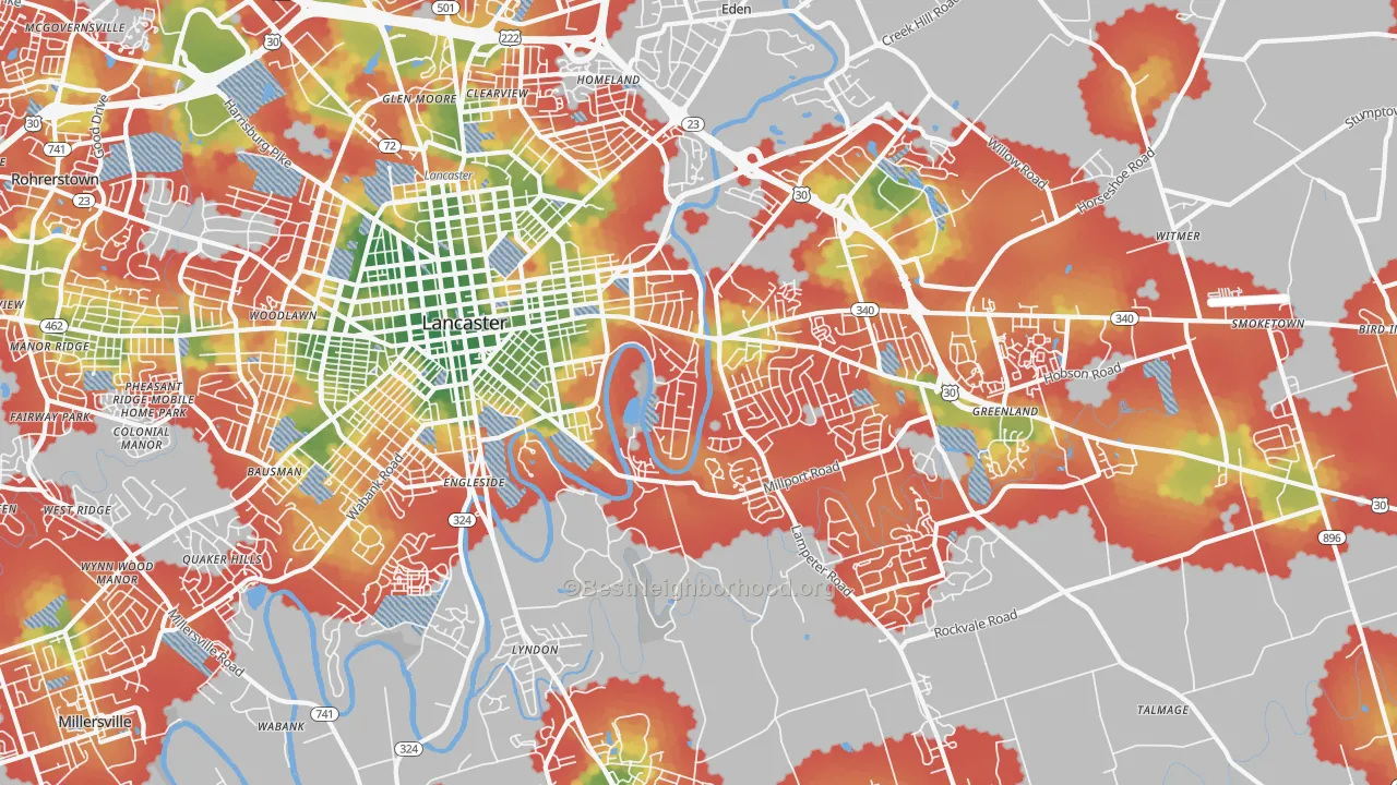 Walk Grade map of 17602, PA, walkable areas in green and car-dependent areas in red