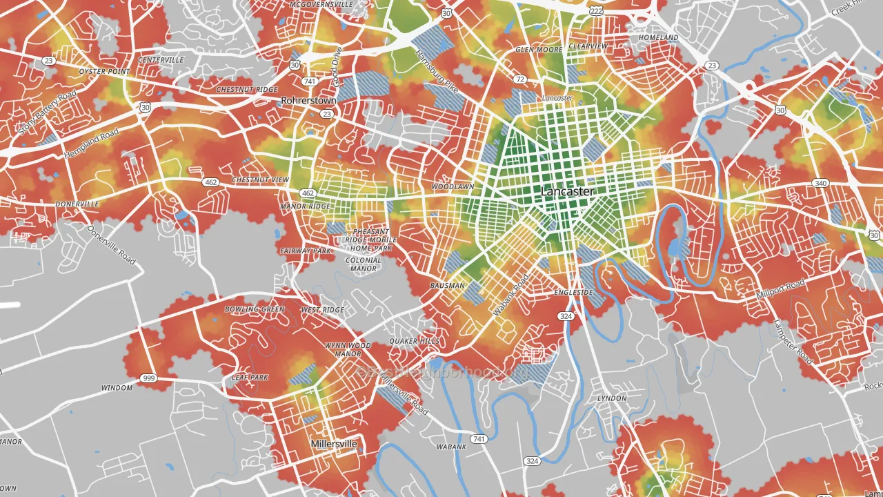 Walk Grade map of 17603, PA, walkable areas in green and car-dependent areas in red