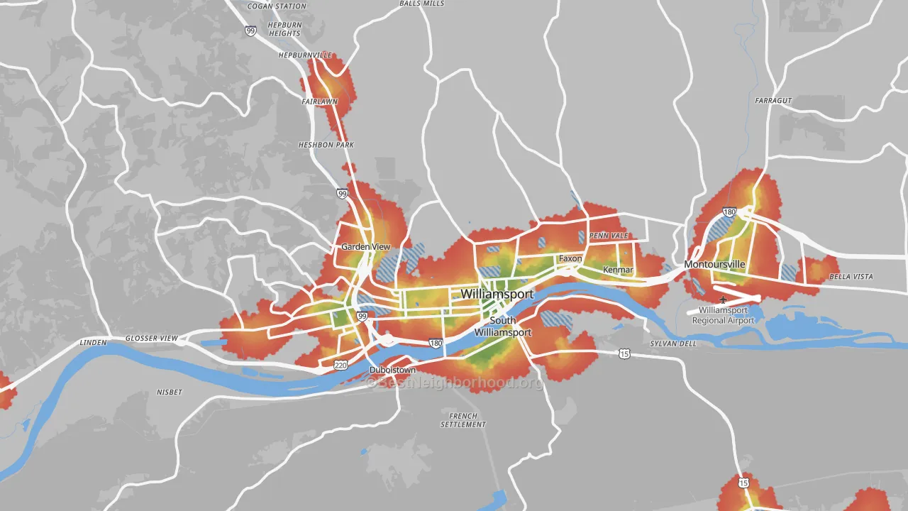 Walk Grade map of 17701, PA, walkable areas in green and car-dependent areas in red