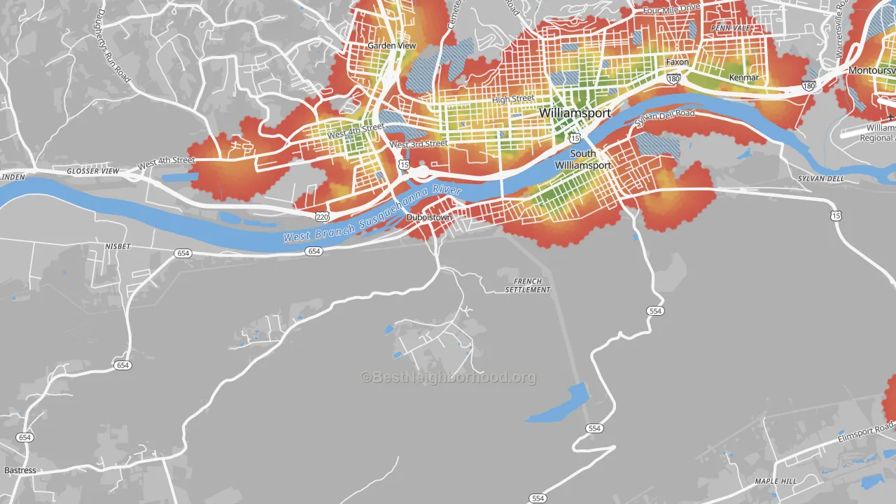 Walk Grade map of 17702, PA, walkable areas in green and car-dependent areas in red