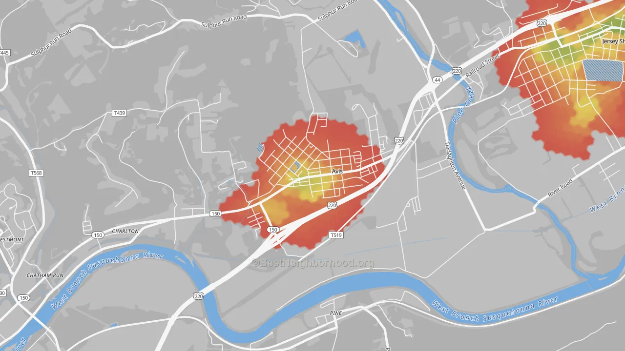 Walk Grade map of 17721, PA, walkable areas in green and car-dependent areas in red