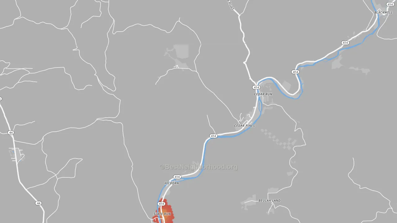 Walk Grade map of 17727, PA, walkable areas in green and car-dependent areas in red