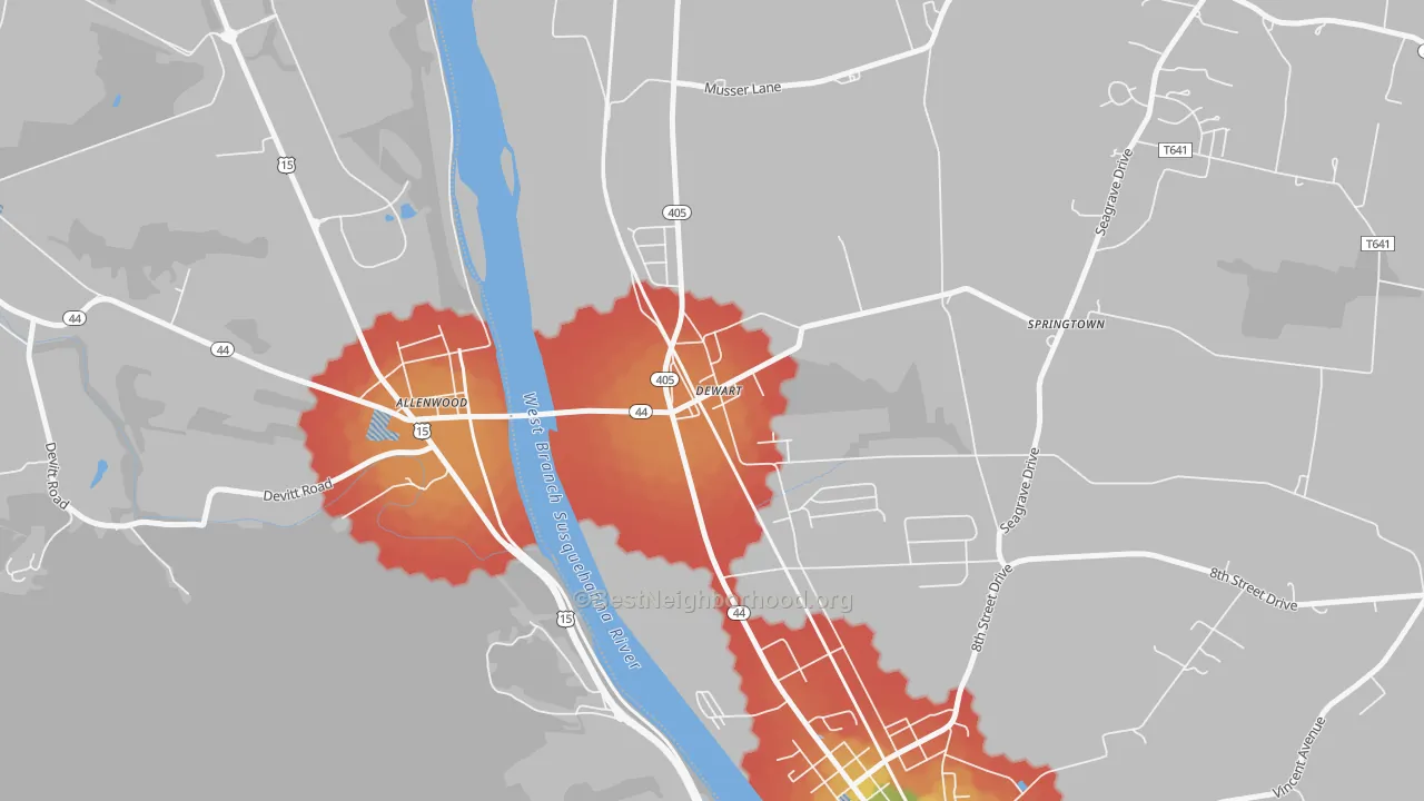 Walk Grade map of 17730, PA, walkable areas in green and car-dependent areas in red