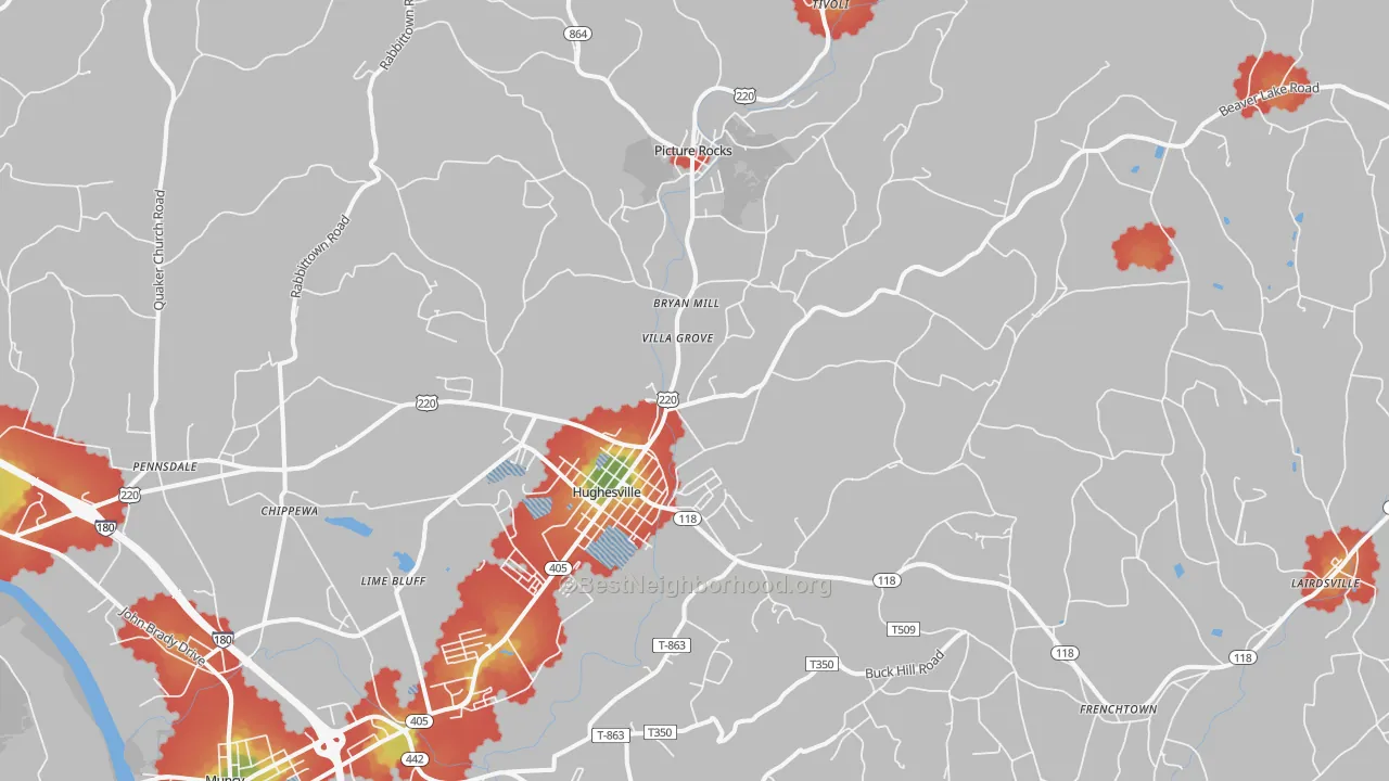 Walk Grade map of 17737, PA, walkable areas in green and car-dependent areas in red