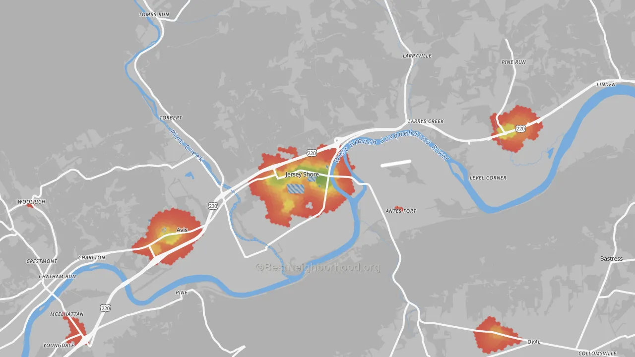 Walk Grade map of 17740, PA, walkable areas in green and car-dependent areas in red