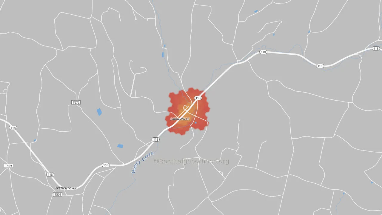 Walk Grade map of 17742, PA, walkable areas in green and car-dependent areas in red