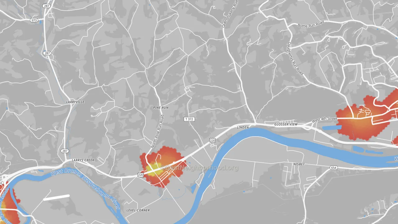 Walk Grade map of 17744, PA, walkable areas in green and car-dependent areas in red