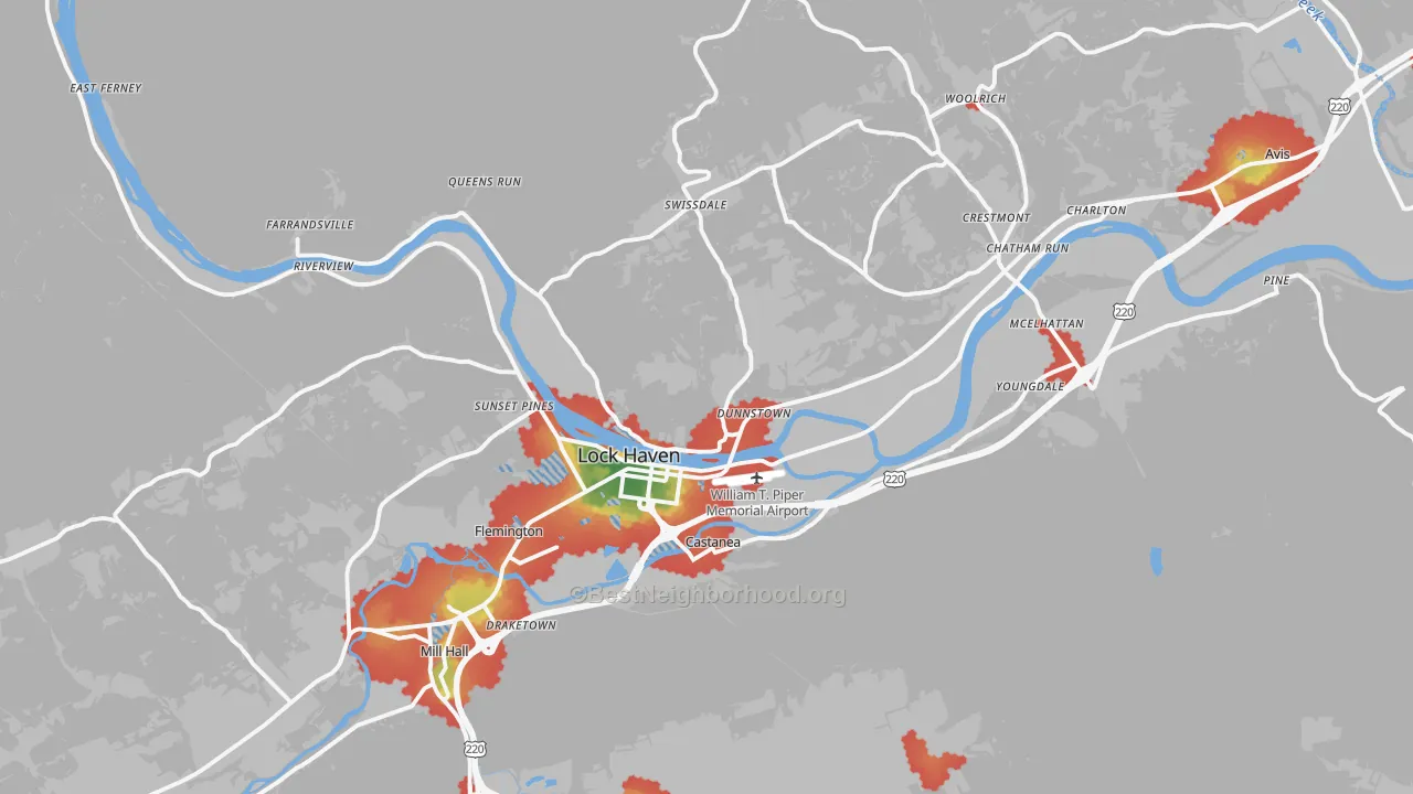 Walk Grade map of 17745, PA, walkable areas in green and car-dependent areas in red