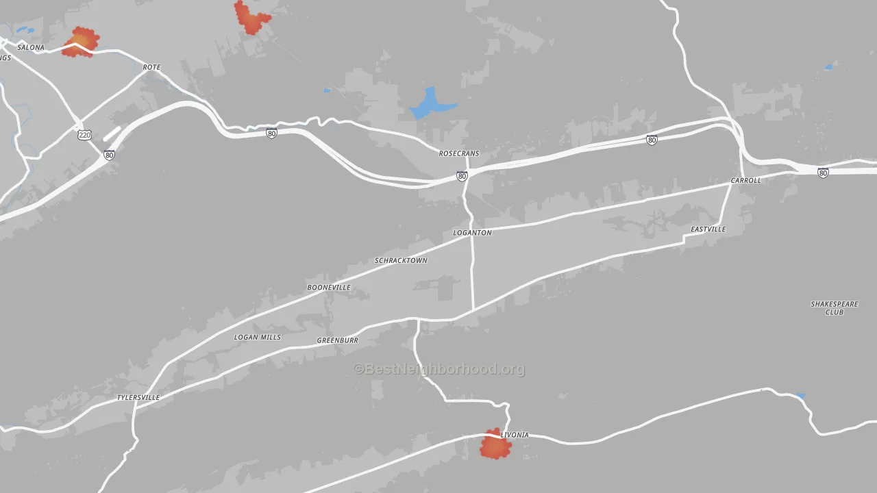 Walk Grade map of 17747, PA, walkable areas in green and car-dependent areas in red