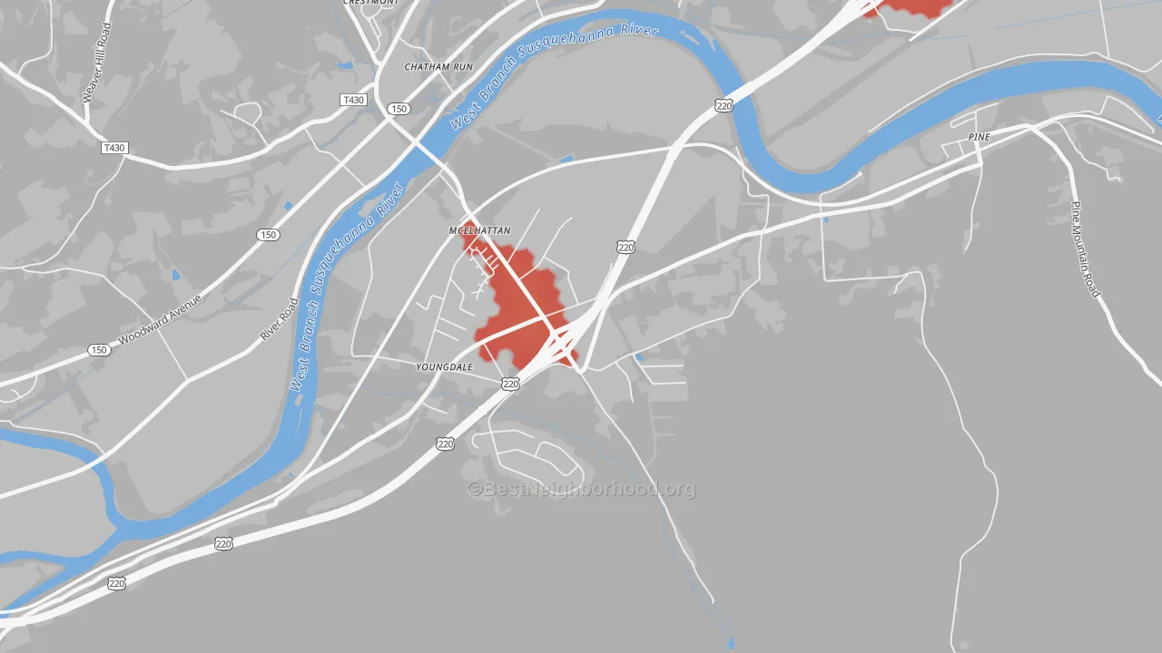 Walk Grade map of 17748, PA, walkable areas in green and car-dependent areas in red