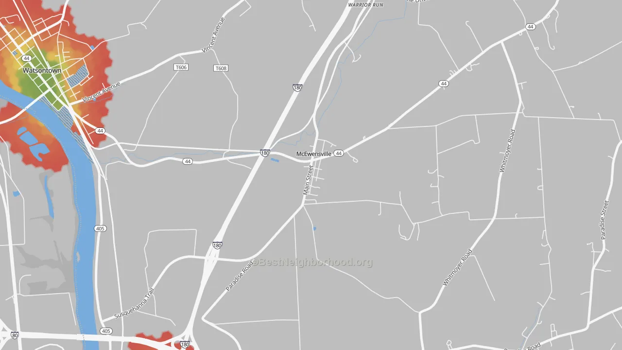 Walk Grade map of 17749, PA, walkable areas in green and car-dependent areas in red