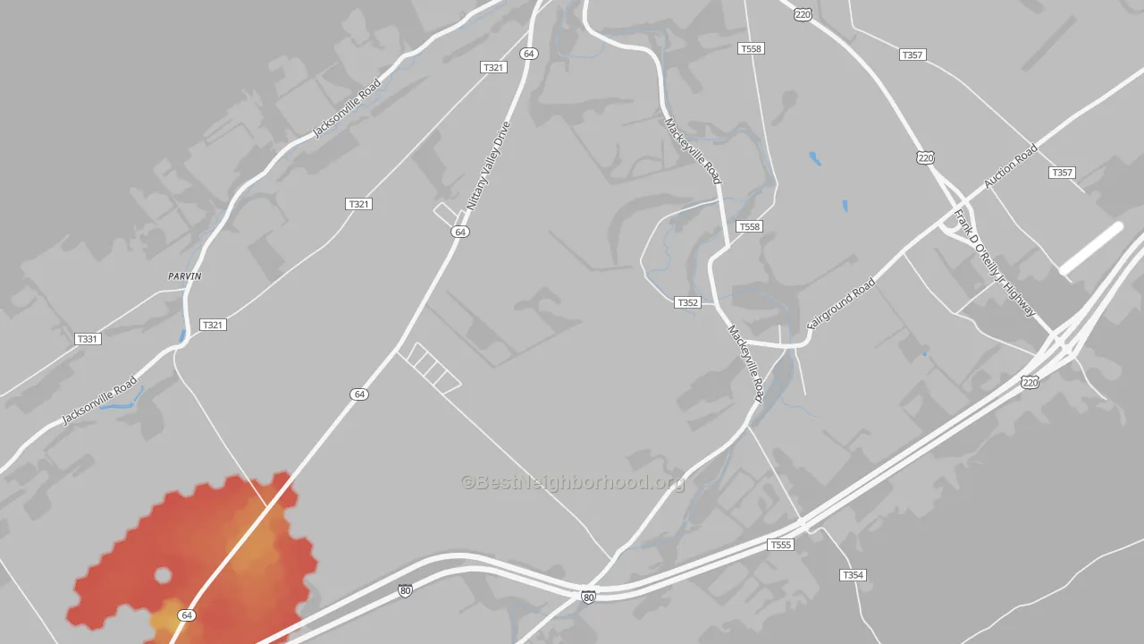 Walk Grade map of 17750, PA, walkable areas in green and car-dependent areas in red