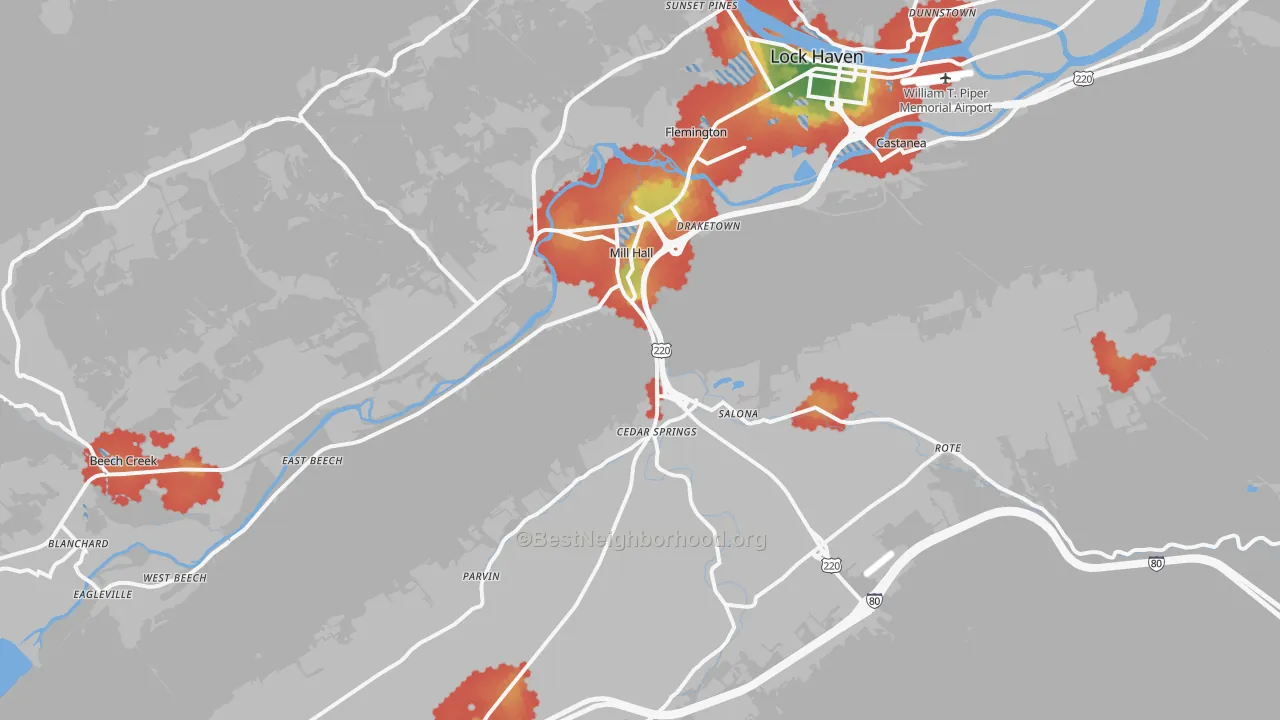 Walk Grade map of 17751, PA, walkable areas in green and car-dependent areas in red