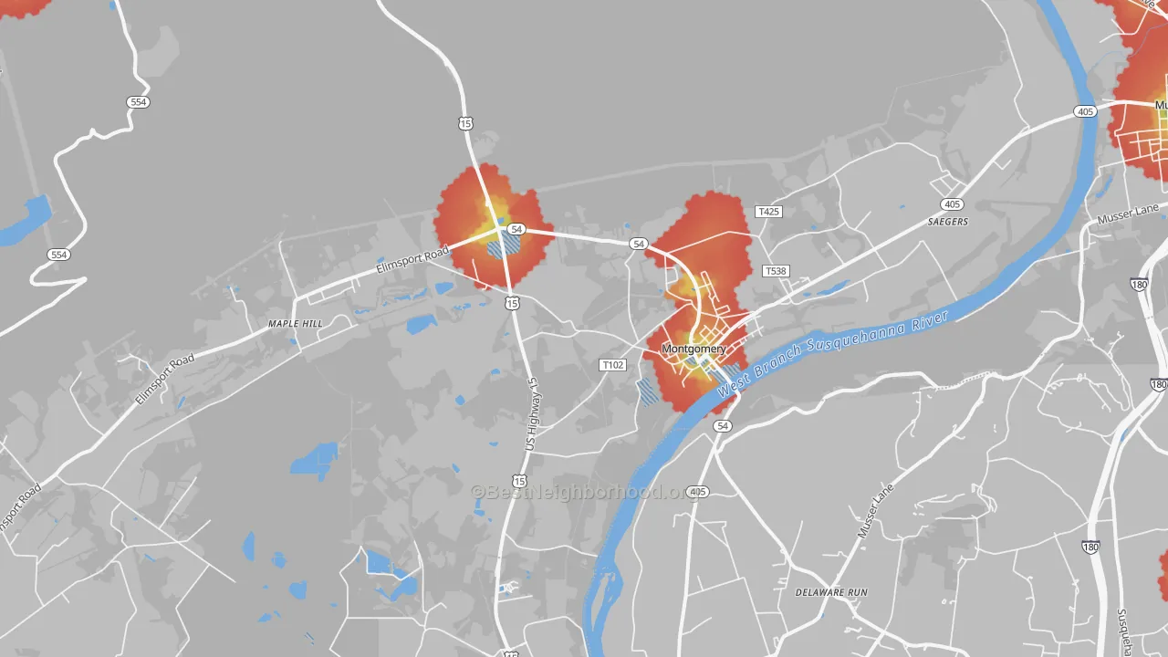 Walk Grade map of 17752, PA, walkable areas in green and car-dependent areas in red