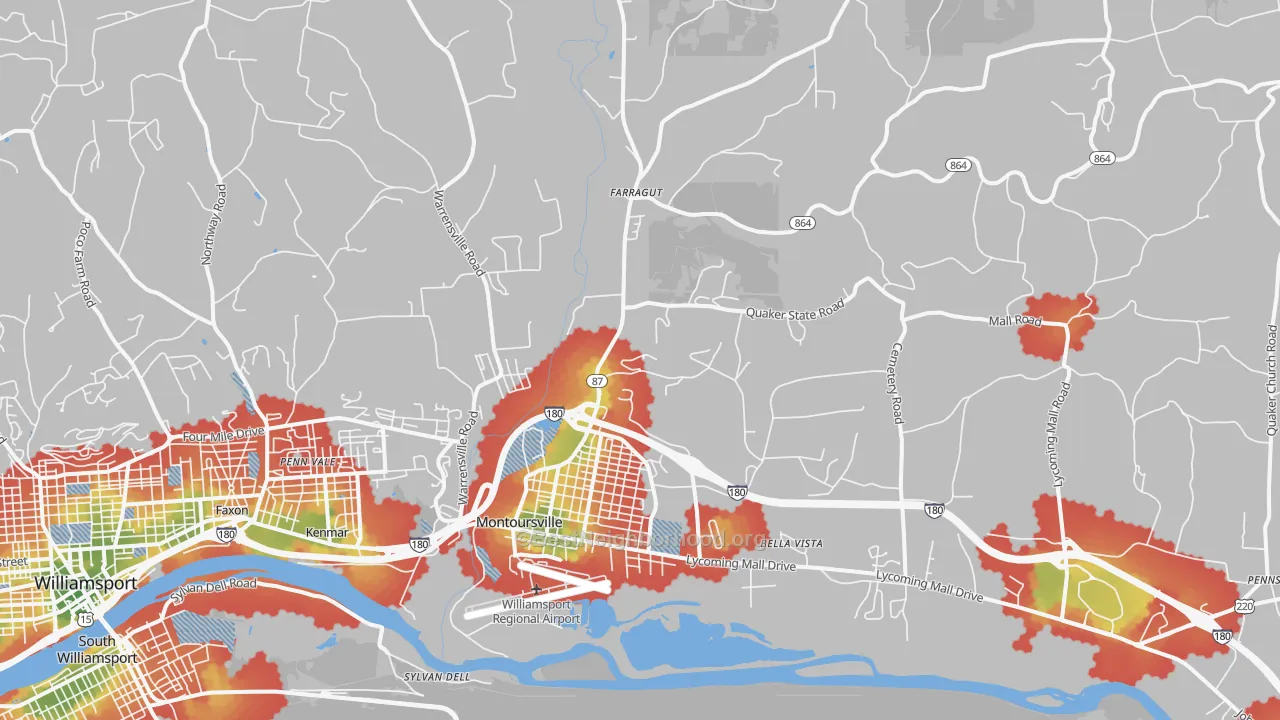 Walk Grade map of 17754, PA, walkable areas in green and car-dependent areas in red
