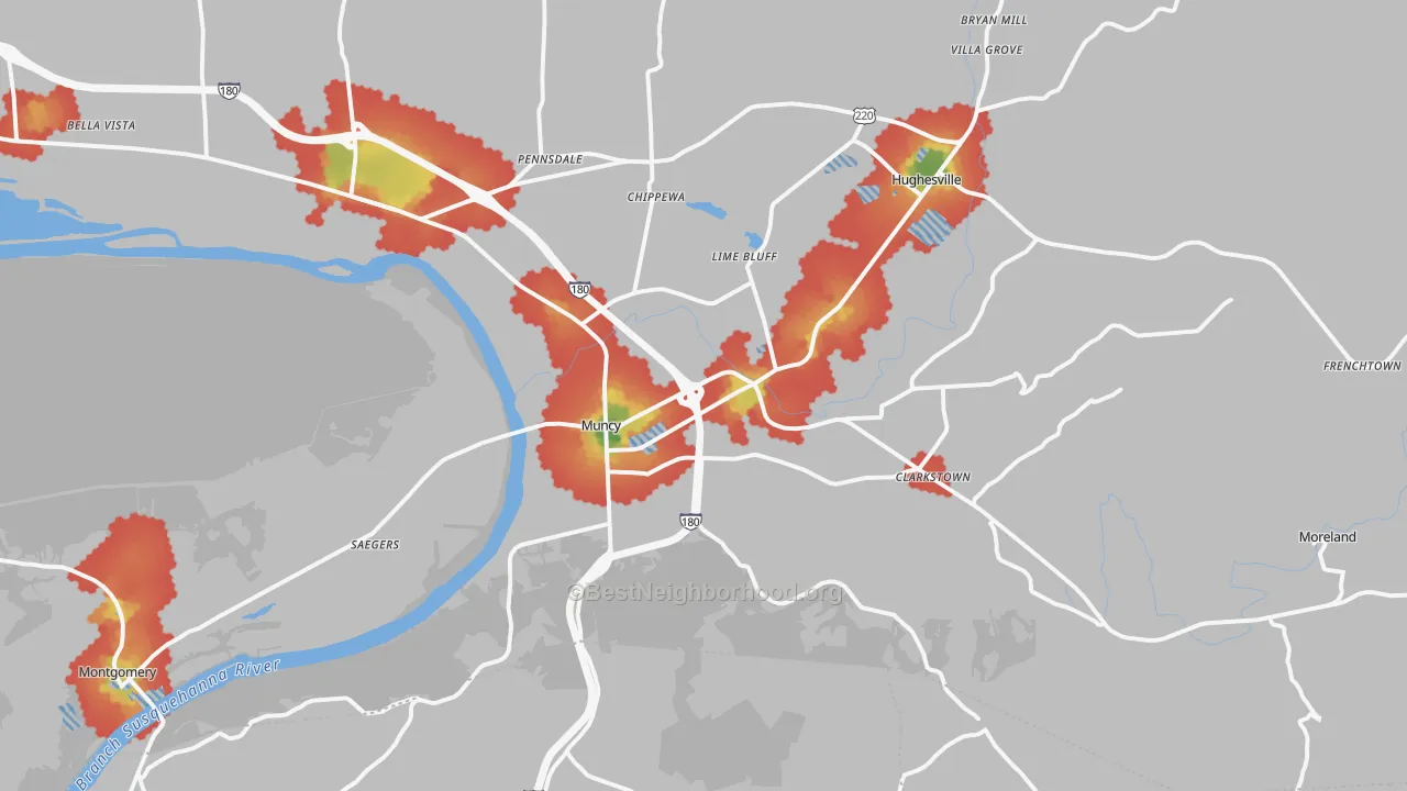 Walk Grade map of 17756, PA, walkable areas in green and car-dependent areas in red