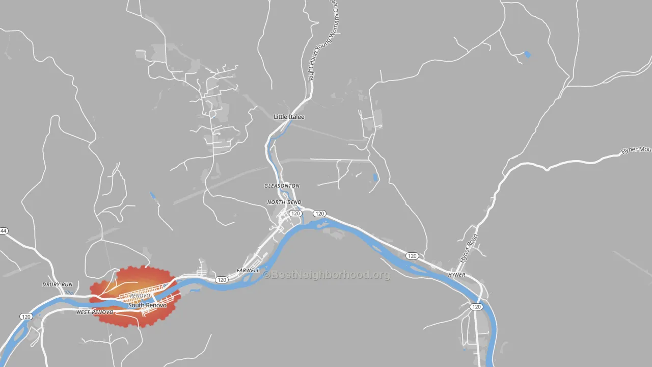 Walk Grade map of 17760, PA, walkable areas in green and car-dependent areas in red