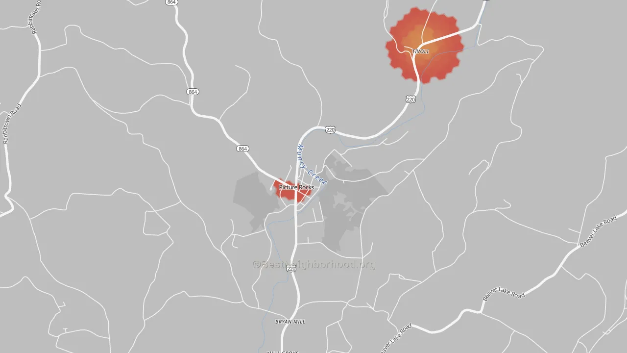 Walk Grade map of 17762, PA, walkable areas in green and car-dependent areas in red