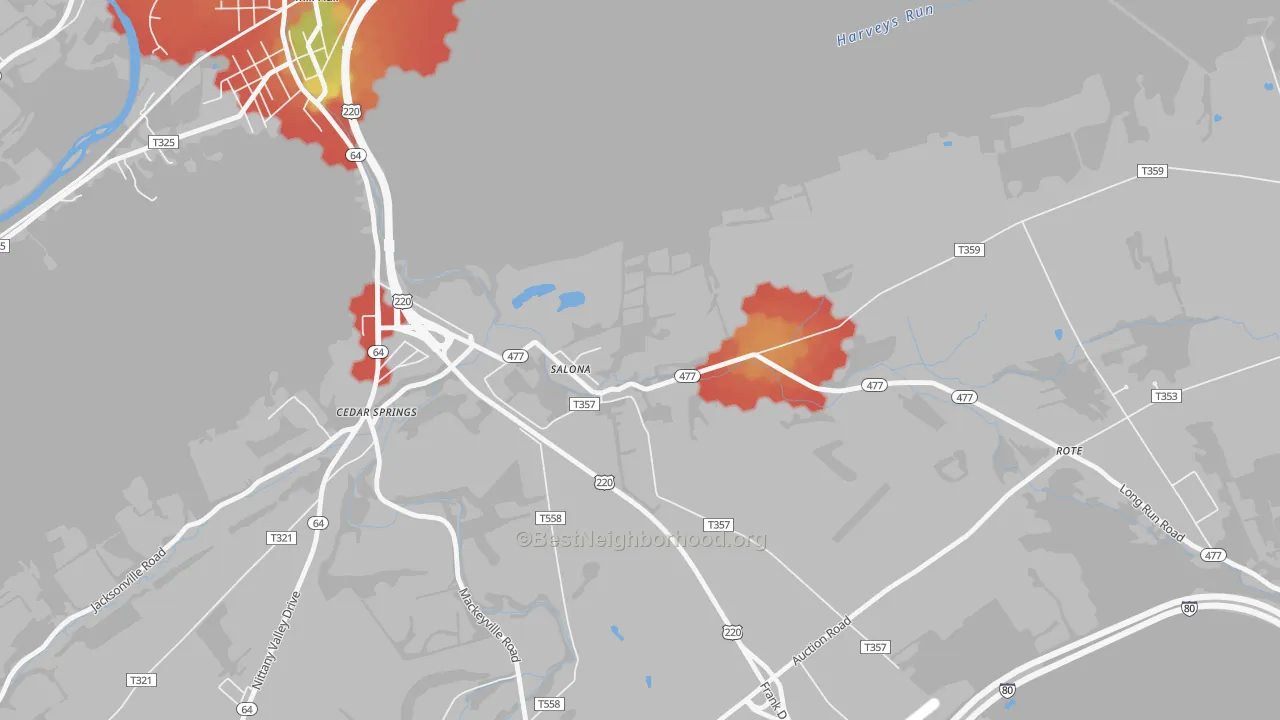 Walk Grade map of 17767, PA, walkable areas in green and car-dependent areas in red