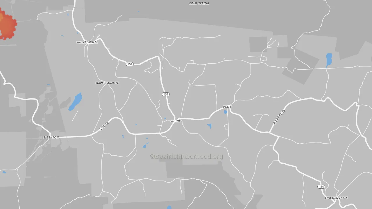 Walk Grade map of 17768, PA, walkable areas in green and car-dependent areas in red