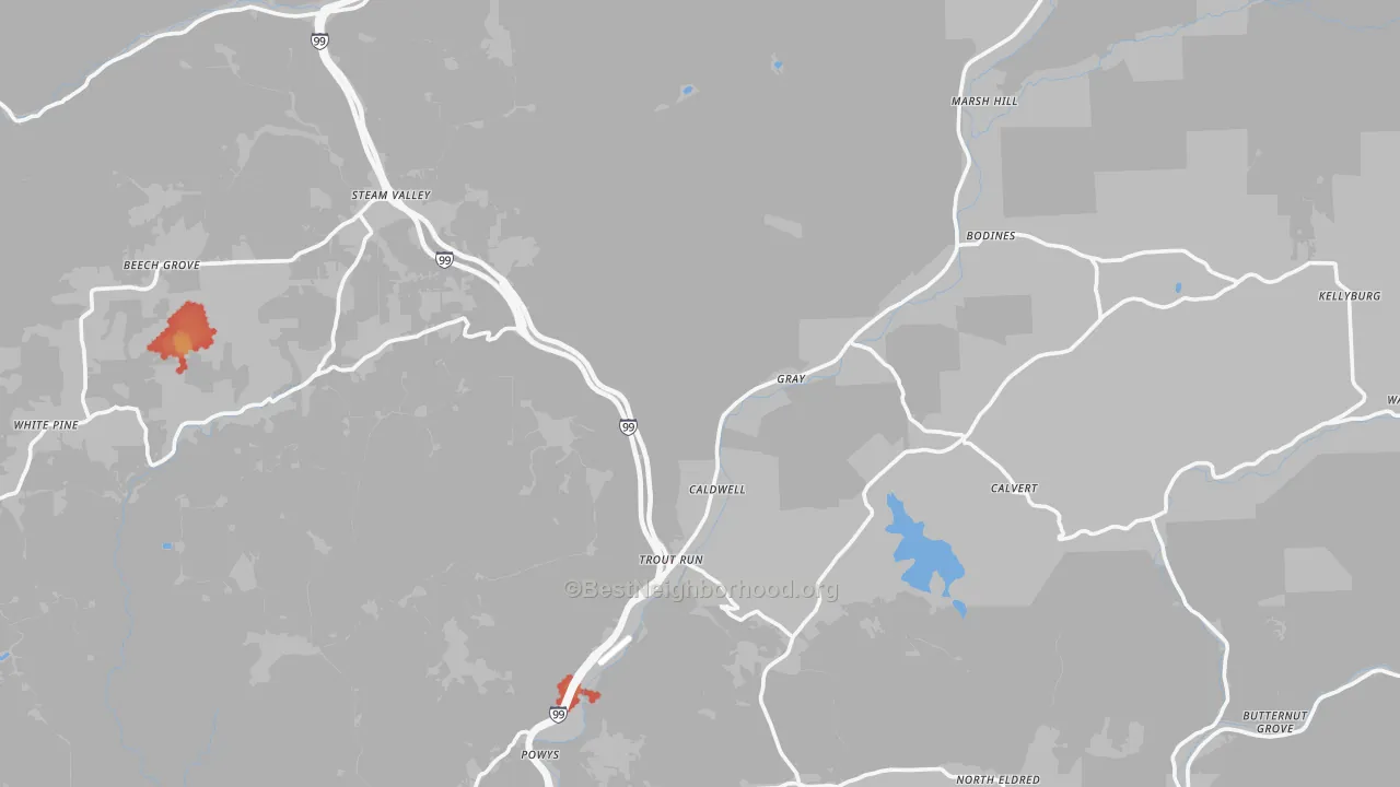 Walk Grade map of 17771, PA, walkable areas in green and car-dependent areas in red