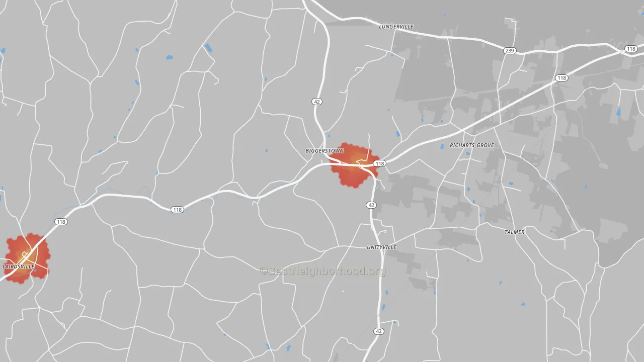 Walk Grade map of 17774, PA, walkable areas in green and car-dependent areas in red