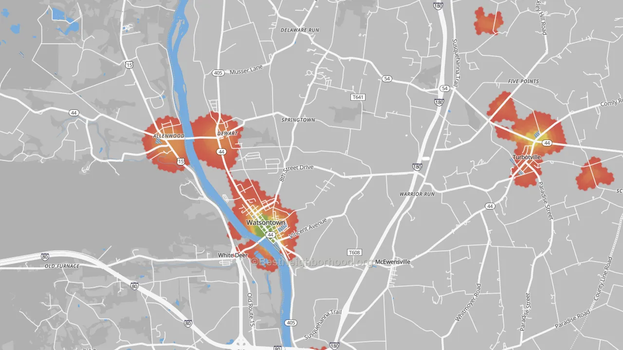 Walk Grade map of 17777, PA, walkable areas in green and car-dependent areas in red
