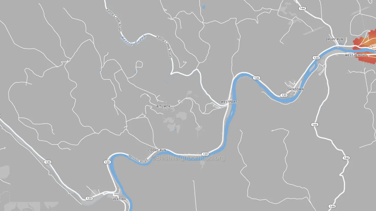 Walk Grade map of 17778, PA, walkable areas in green and car-dependent areas in red