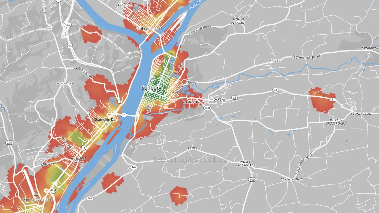 Walk Grade map of 17801, PA, walkable areas in green and car-dependent areas in red