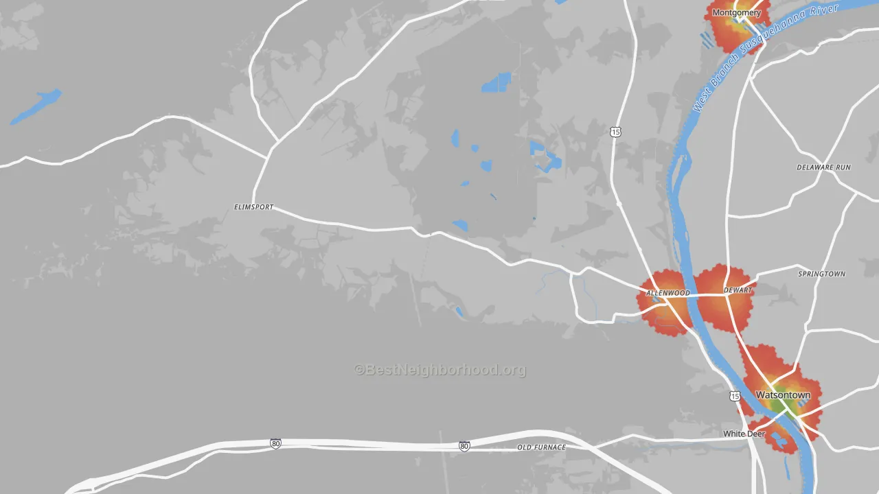 Walk Grade map of 17810, PA, walkable areas in green and car-dependent areas in red