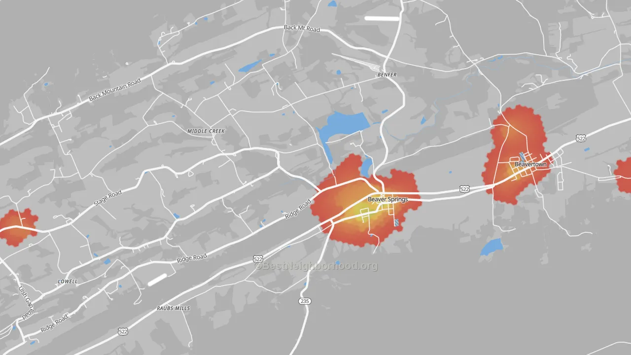 Walk Grade map of 17812, PA, walkable areas in green and car-dependent areas in red