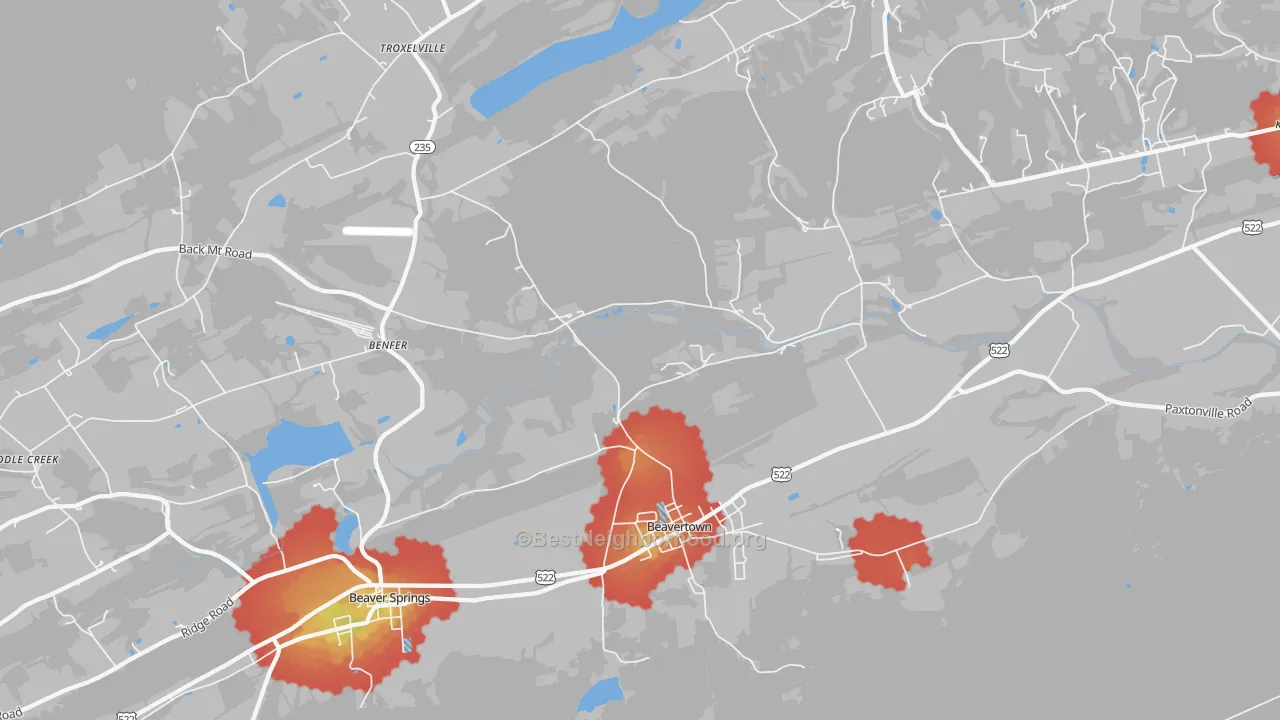 Walk Grade map of 17813, PA, walkable areas in green and car-dependent areas in red