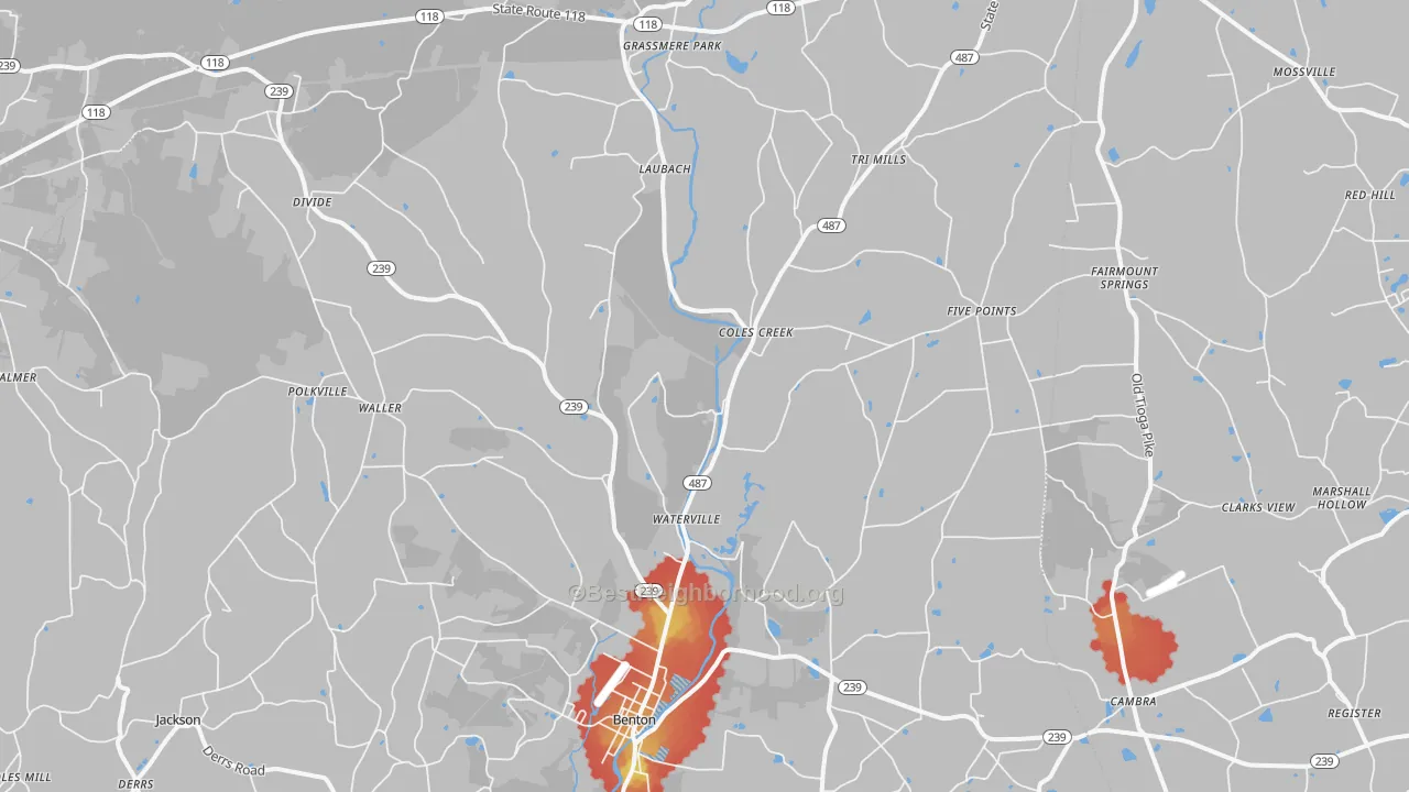 Walk Grade map of 17814, PA, walkable areas in green and car-dependent areas in red