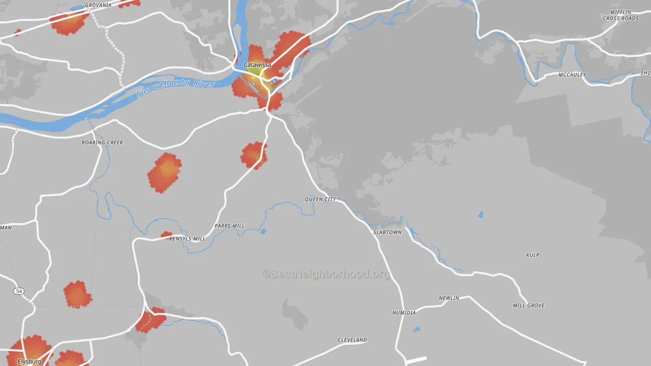 Walk Grade map of 17820, PA, walkable areas in green and car-dependent areas in red