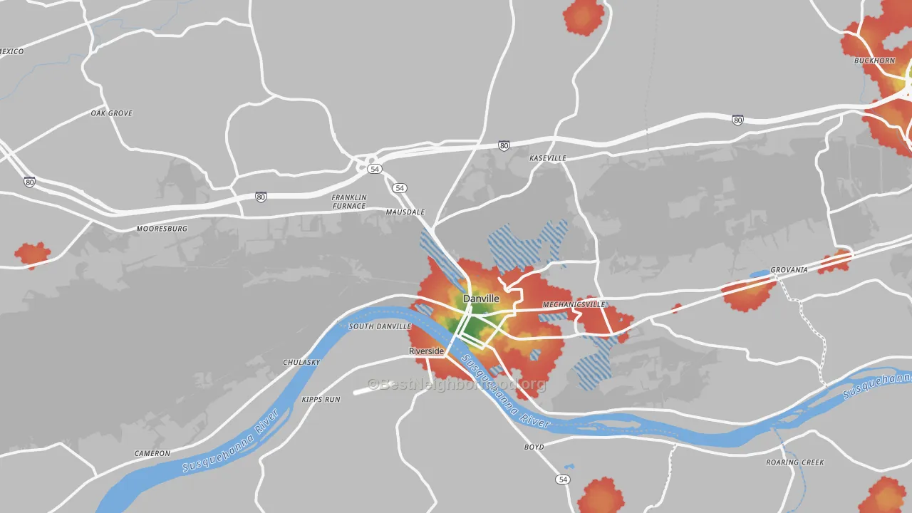 Walk Grade map of 17821, PA, walkable areas in green and car-dependent areas in red