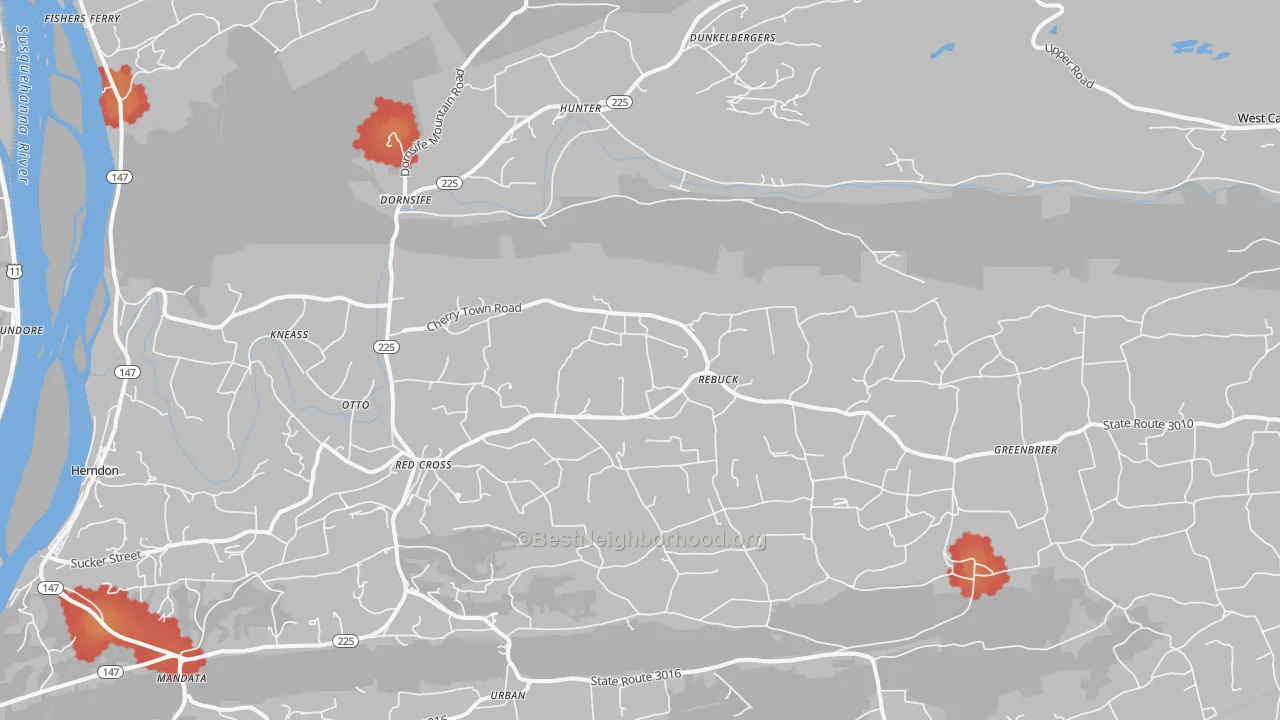 Walk Grade map of 17823, PA, walkable areas in green and car-dependent areas in red
