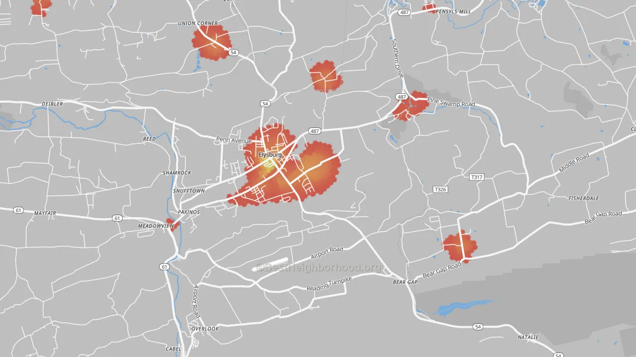 Walk Grade map of 17824, PA, walkable areas in green and car-dependent areas in red