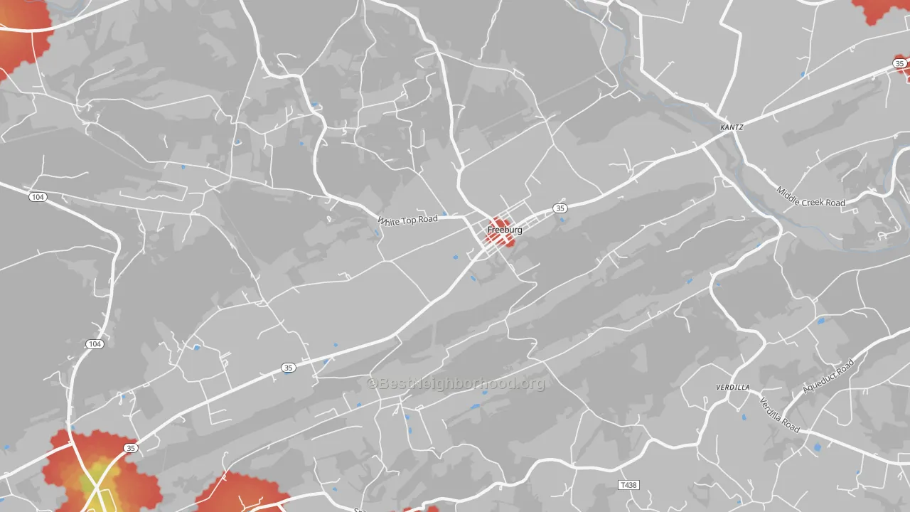 Walk Grade map of 17827, PA, walkable areas in green and car-dependent areas in red