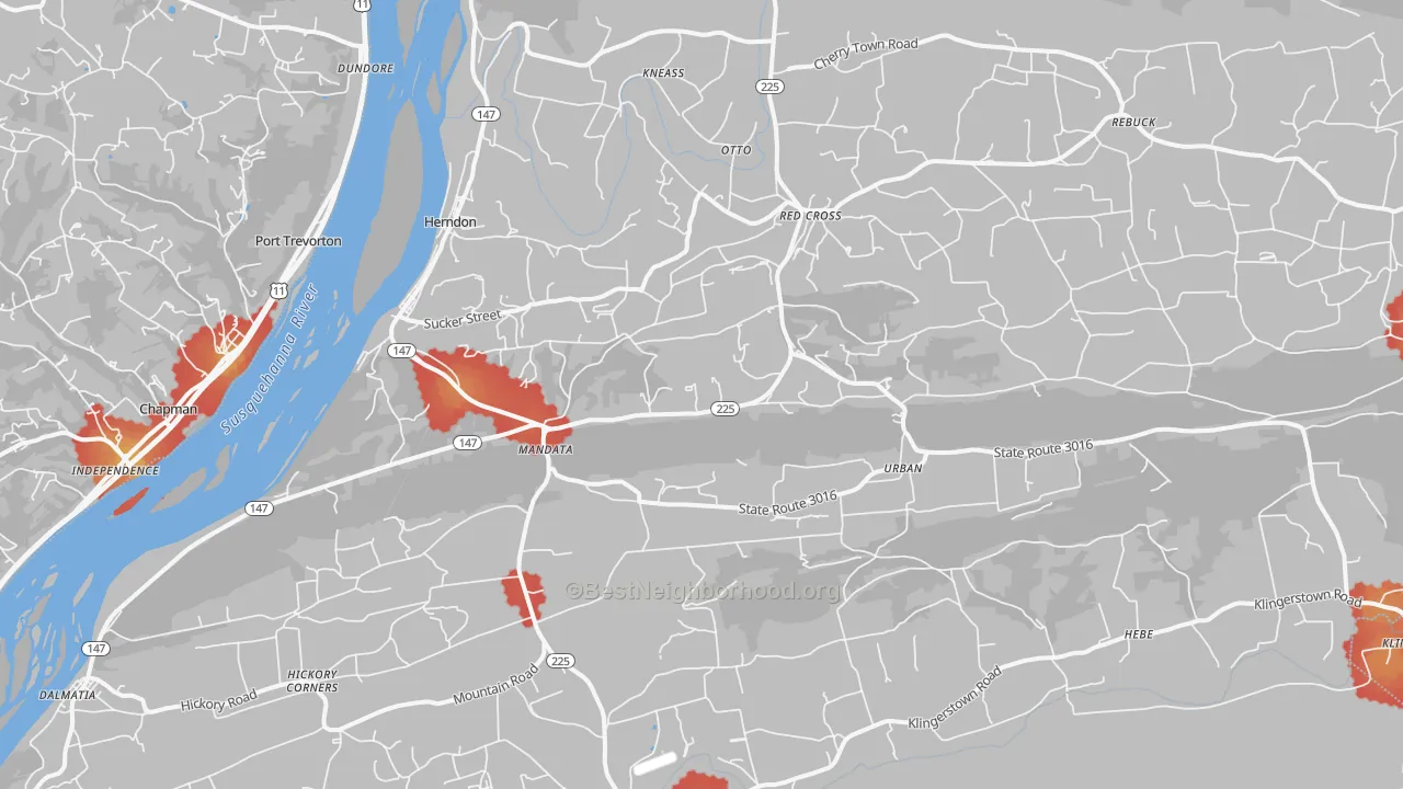 Walk Grade map of 17830, PA, walkable areas in green and car-dependent areas in red