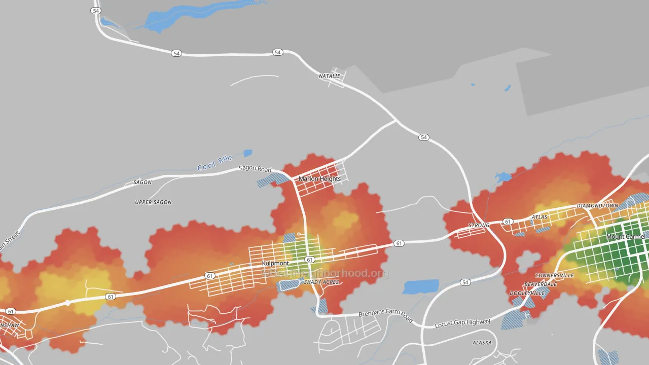 Walk Grade map of 17832, PA, walkable areas in green and car-dependent areas in red