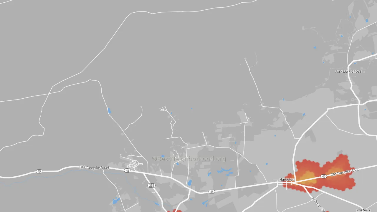 Walk Grade map of 17835, PA, walkable areas in green and car-dependent areas in red