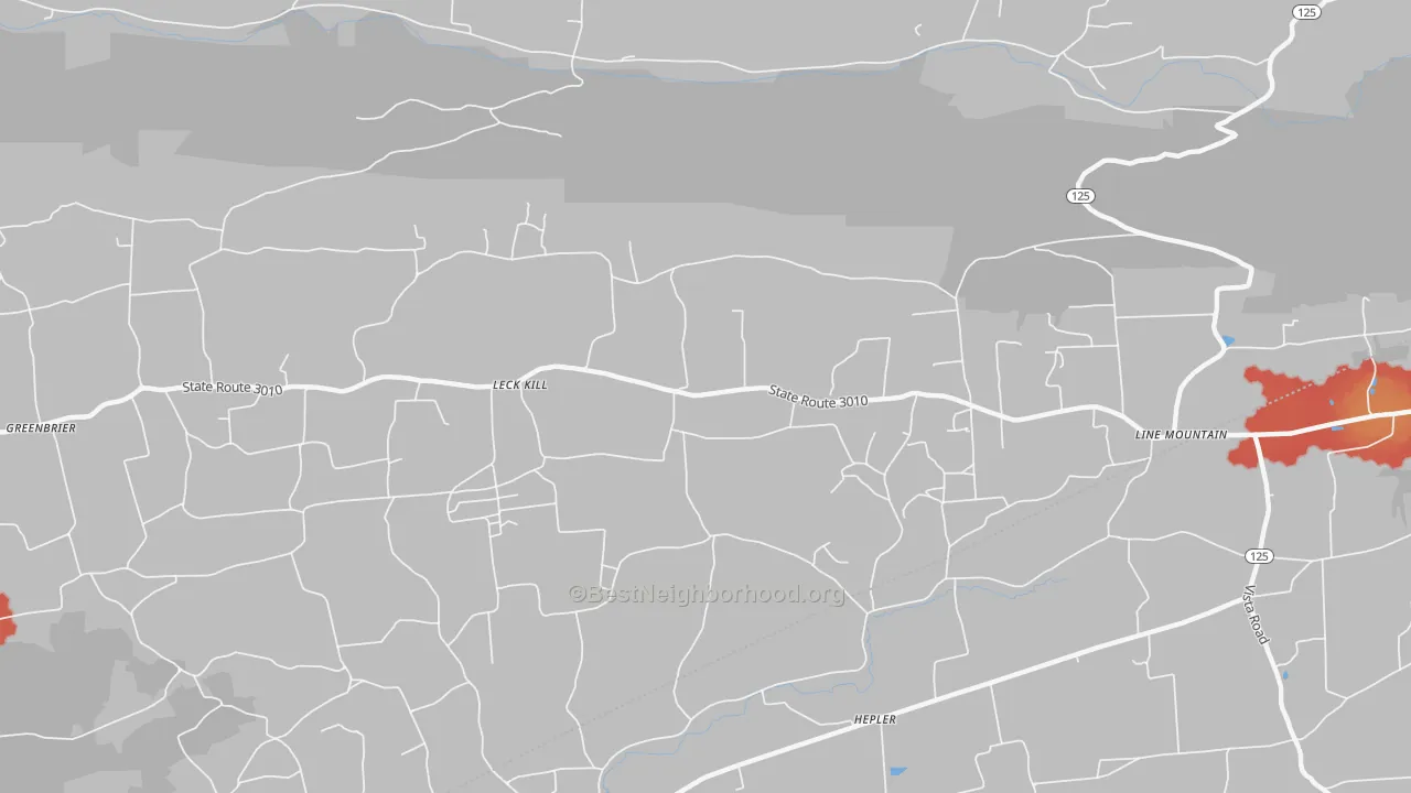 Walk Grade map of 17836, PA, walkable areas in green and car-dependent areas in red