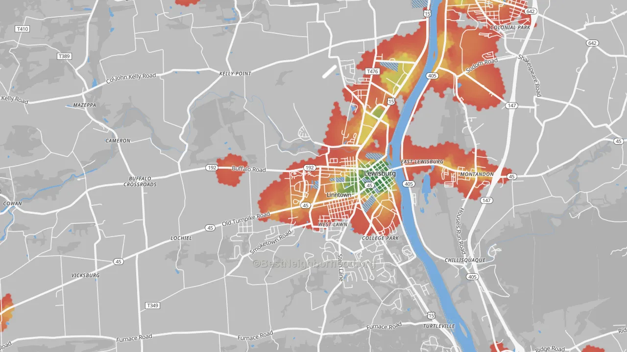 Walk Grade map of 17837, PA, walkable areas in green and car-dependent areas in red