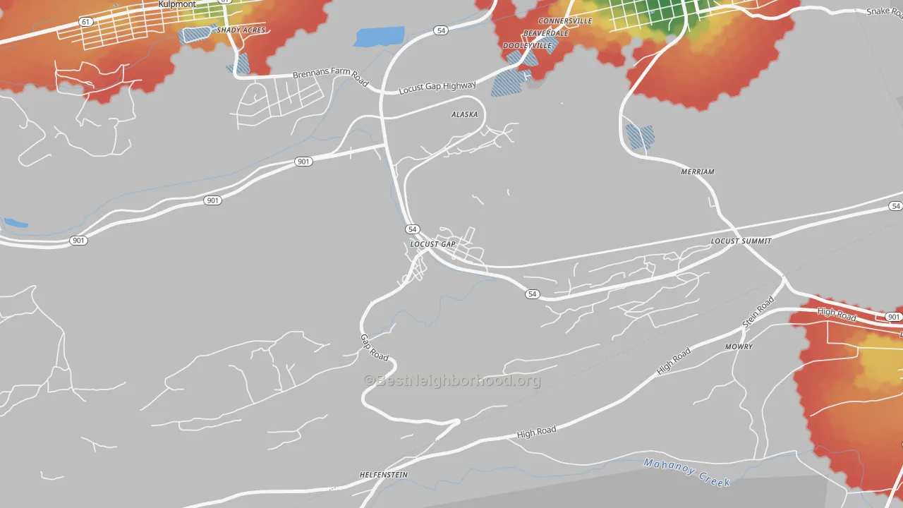 Walk Grade map of 17840, PA, walkable areas in green and car-dependent areas in red